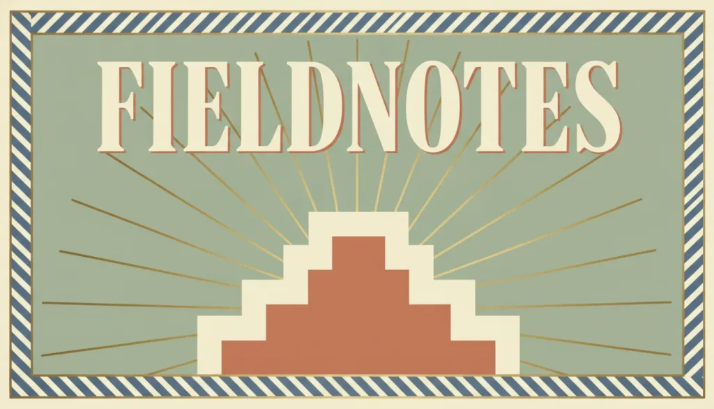 一本名为 FIELDNOTES 的虚构杂志封面，呈现对称的阶梯形拱门、放射状光芒背景、V形折线边框，以及高耸的几何化展示字体标题，配以暖调低饱和主色与一处黄铜色强调，示意装饰艺术风格。