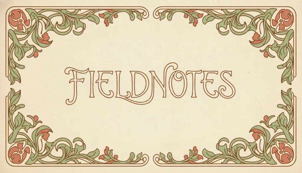 一个名为FIELDNOTES的虚构田野笔记页面,四周环绕流畅的鞭梢状藤蔓与风格化叶片花朵,配有一枚有机手绘感的FIELDNOTES字标,整体为鼠尾草绿与赤陶为主的柔和暖色调,示意新艺术风格。