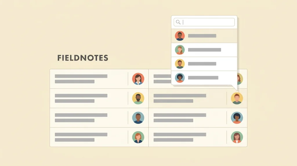 A fictional FIELDNOTES task list sketch: each row has a grey placeholder title bar on the left and an assignee avatar on the right, with one row’s avatar opened into a searchable person picker.