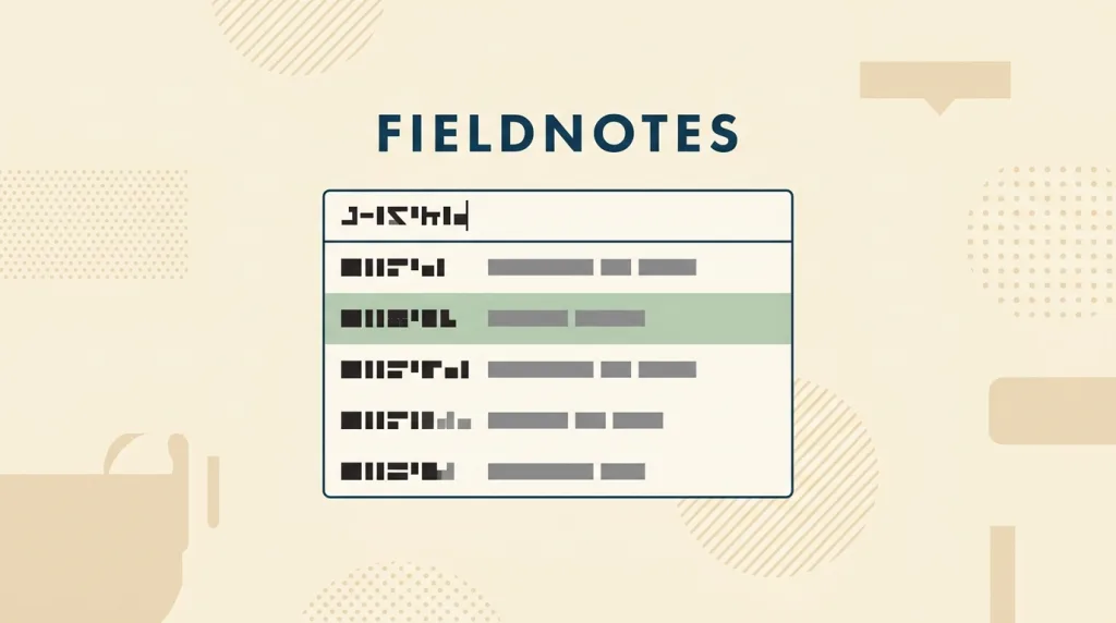 A fictional FIELDNOTES search field sketch: a short run of typed text in the field and a popup of five candidate rows below it, each starting with a dark fragment matching the input and continuing as grey placeholder bars, with the second row highlighted.