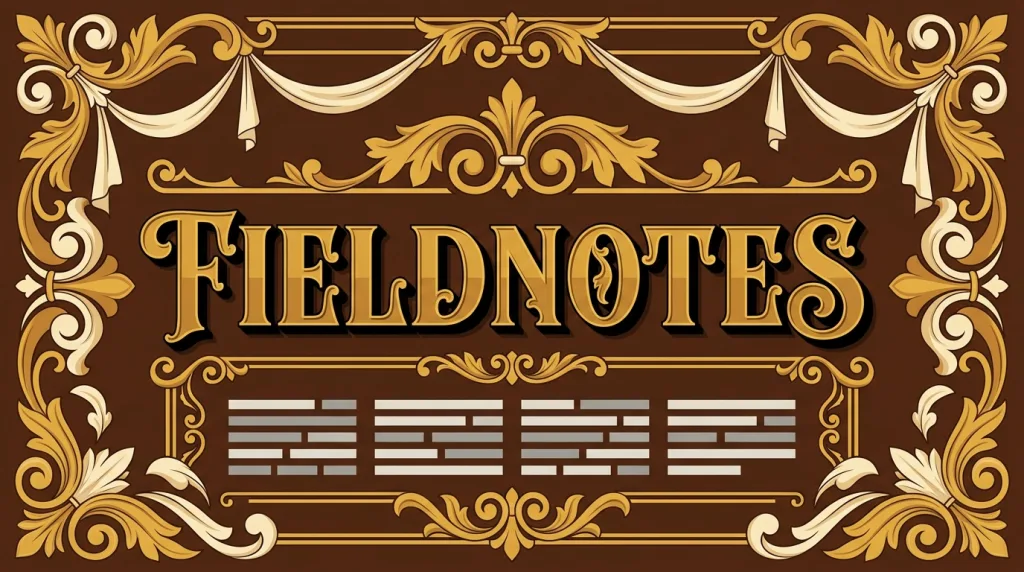 A fictional FIELDNOTES cover on a deep ground: gold acanthus and scroll ornament framing it symmetrically, a display serif title with heavy thick–thin contrast and a drop shadow at the centre, and warm white placeholder text bars below.