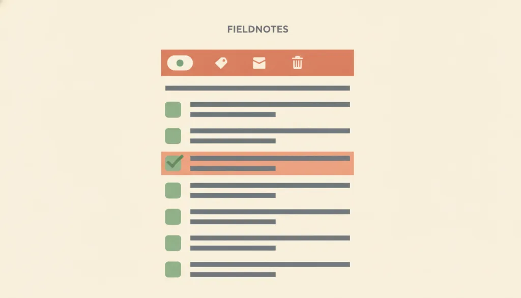 虚构的 FIELDNOTES 列表：其中若干行的复选框已被勾选，顶部有一条常驻操作栏显示已选数量与三个操作图标，另有一行处于悬停状态并露出它的复选框。