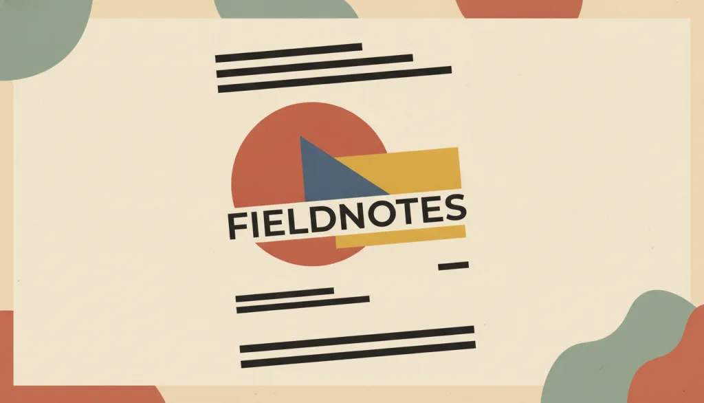 一张名为 FIELDNOTES 的虚构海报，由扁平的圆形、三角形与方形以红、蓝、黄原色排布，配合黑色无衬线字条与不对称网格构图，示意包豪斯视觉语言。
