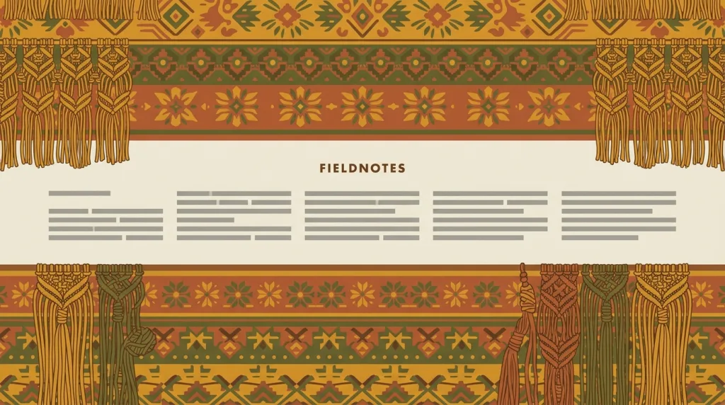A fictional FIELDNOTES page: bands of ochre and moss textile pattern layered over one another, fringe and macramé along the edges, and a linen-colored clearing in the middle holding grey placeholder text bars.