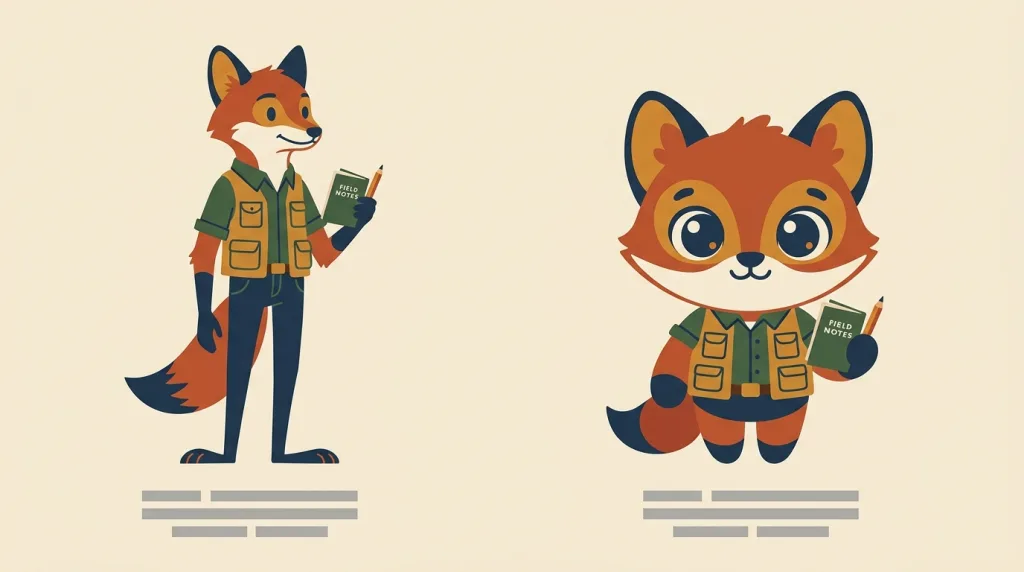 A fictional FIELDNOTES illustration board: one invented fox mascot shown side by side at normal proportion and at a two-head chibi proportion, the chibi version with a visibly enlarged head, short rounded limbs, and enlarged eyes, with grey placeholder text bars under each figure.