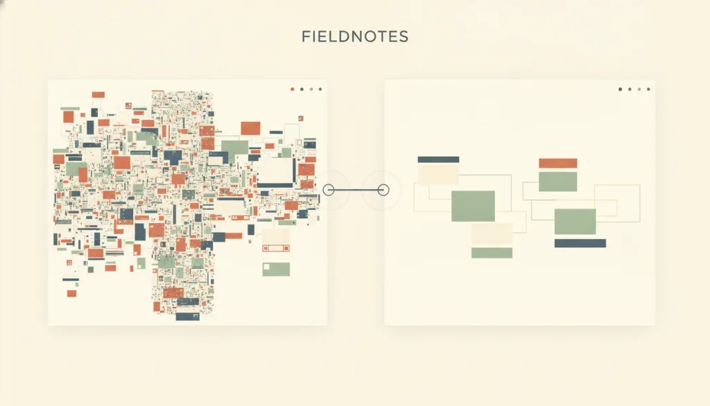 一张虚构的 FIELDNOTES 界面对比图，左半屏挤满互相竞争的信息块，右半屏只保留少量分组清晰的模块，中间隐约有一个天平的意象。