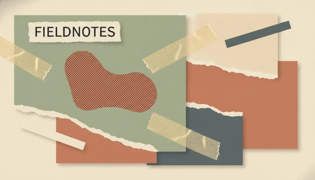 一份名为 FIELDNOTES 的虚构田野笔记页面，由撕边纸张矩形、一个半调网点剪影图形、几条胶带和不同角度、不同字号的文字条拼合而成，示意拼贴风格。