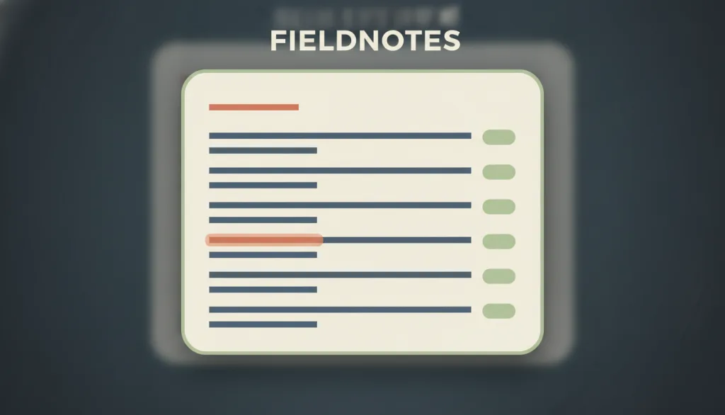 虚构的 FIELDNOTES 应用界面被压暗，居中悬浮一张命令面板卡片，顶部是一行输入框，下方是若干命令行，每行末尾带一个快捷键标签，其中一行高亮显示。