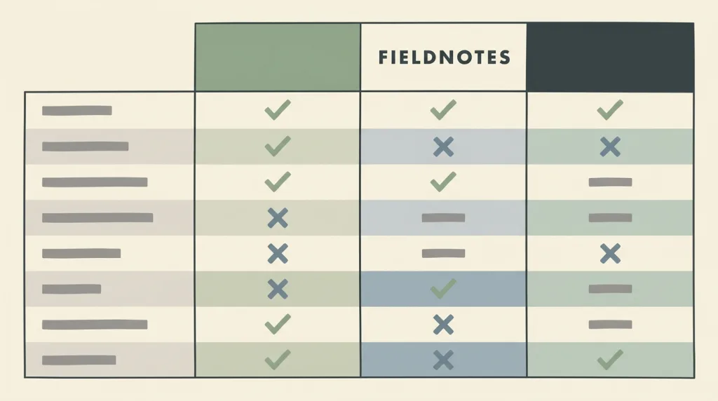 A fictional FIELDNOTES comparison table sketch: the leftmost column holds grey placeholder attribute names and three plan columns sit to the right, with ticks, crosses, or short placeholder bars aligned across each row.