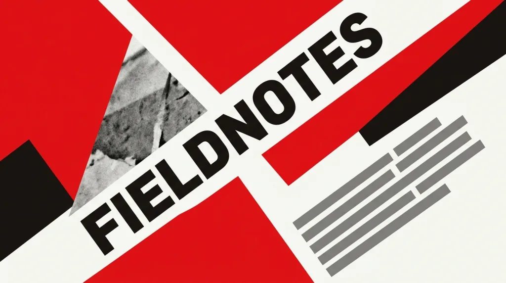 A fictional FIELDNOTES poster: red and black geometric blocks arranged along a pronounced diagonal axis, a grey photographic fragment cut to a sharp point set among them, a large sans-serif title tilted with the axis, and grey placeholder text bars to the right.