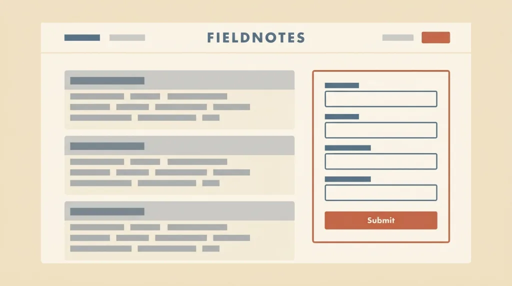 一张名为 FIELDNOTES 的虚构联系页示意：左侧是三组按用途分类的渠道条目，每组下有时间与响应说明的灰色占位条；右侧是一个含四个字段与一个提交按钮的表单框。
