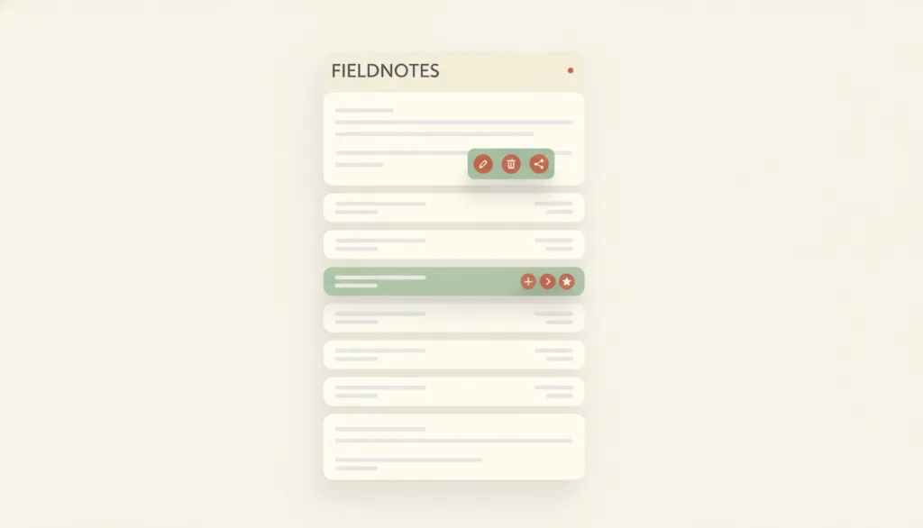 虚构的 FIELDNOTES 列表：其中一行被高亮，右侧边缘露出一组行级操作按钮，上方悬浮着一条对齐所选区块的浮动工具条。