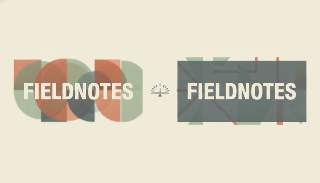一个虚构的 FIELDNOTES 文字块并排出现两次：左侧叠在繁忙的半透明面板上显得模糊难辨，右侧有一块实色衬底、边缘分离清晰、文字清楚易读，两者之间有一个小的比例尺样式图形，暖色调的奶油、赤陶、鼠尾草绿与石板灰。