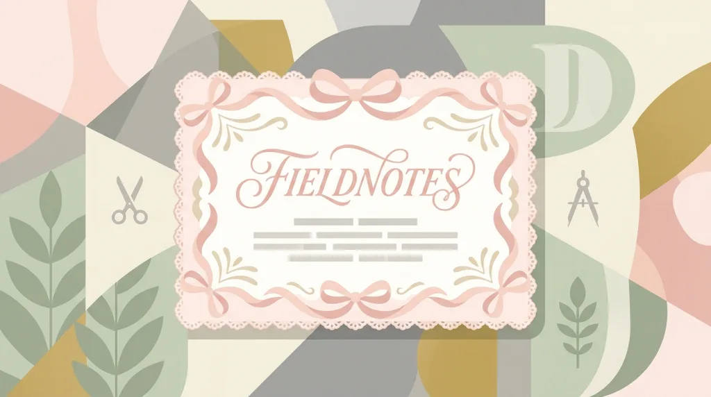 A fictional FIELDNOTES packaging graphic in pale pink: ribbon bows and scalloped lace edging around a card, a fine script title at the centre, and grey placeholder text bars below.