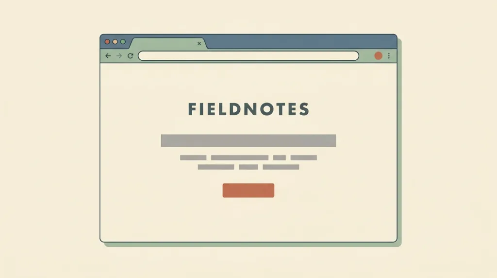 A fictional FIELDNOTES web page sketch: the whole screen holds only a centred wordmark, one grey placeholder headline bar, a shorter line of explanation, and a single primary button, with nothing continuing below the fold.