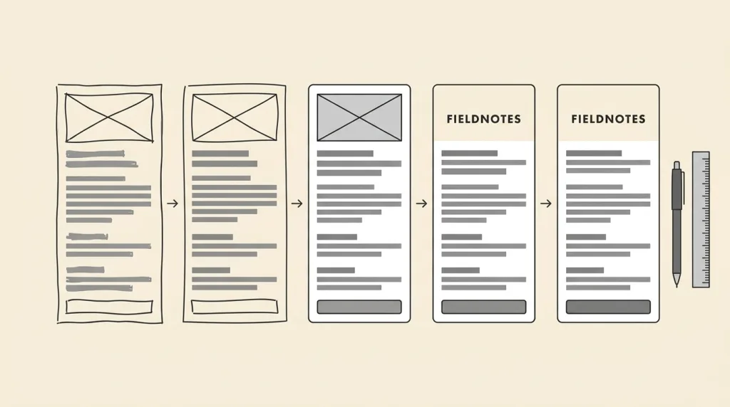 A sketch: one fictional interface layout shown across five iterations from left to right, moving from a hand-drawn, slightly crooked draft to something resolved — lines straightened, spacing aligned, levels distinct — each joined to the next by a small arrow, with a ruler standing beside the last.
