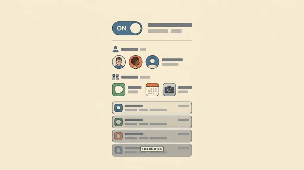 A fictional phone settings sketch: a Do Not Disturb switch turned on at the top, two exception groups below it for allowed people and allowed apps with avatars and icons, and a dimmed stack of notification cards at the bottom showing that they are silenced but kept.