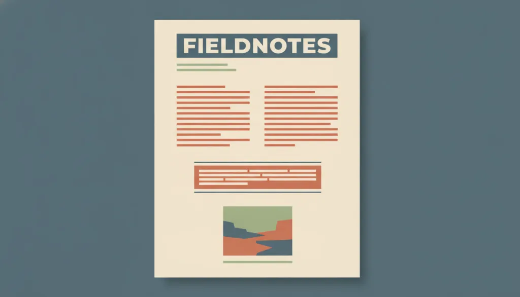 一个虚构的 FIELDNOTES 文章页面：顶部是大号标题，下方是较小的导语行，中段是两栏正文，中间嵌有一个用更大字号突出的引文框，底部是一张图片和其下的说明文字。