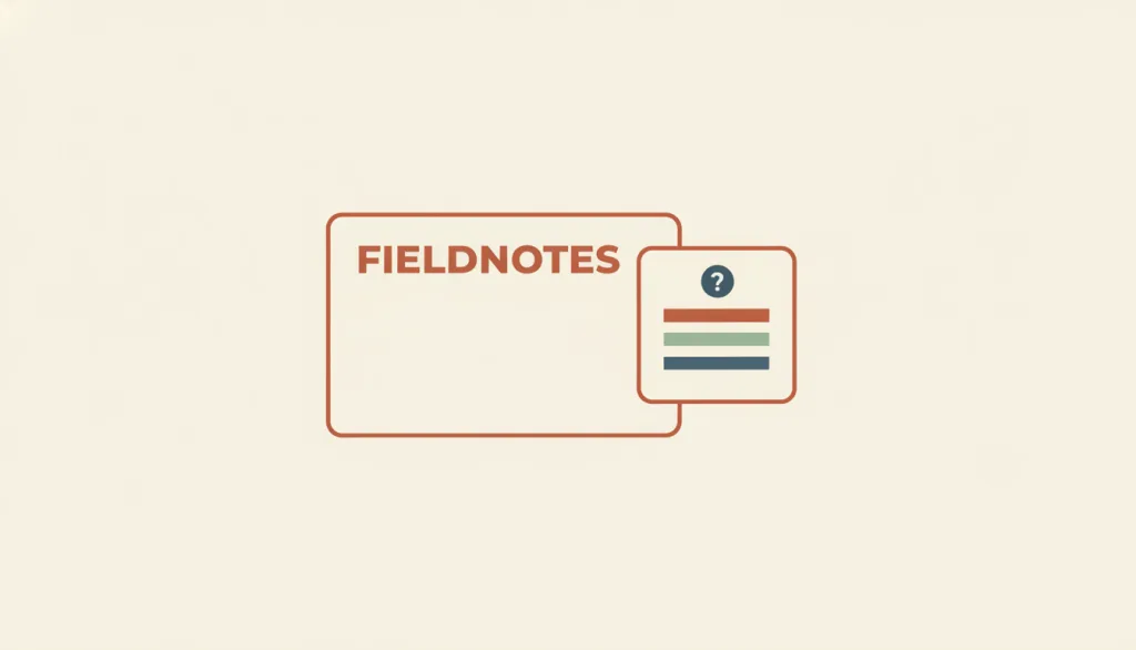 虚构的 FIELDNOTES 结果卡片旁展开一个「为什么」面板，面板里三条较短的理由横条与一条颜色明显不同的局限横条并排，背景为暖色调、无法辨认的文字。