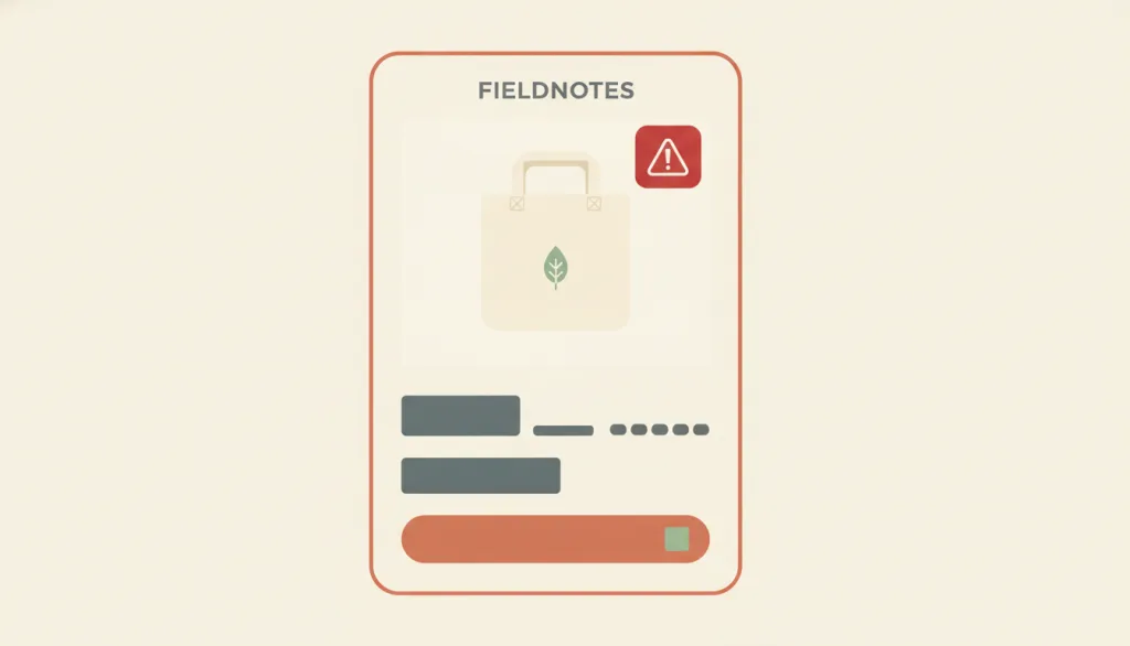 一个虚构的 FIELDNOTES 商品卡片：显眼的红色低库存徽标和一行“#人正在查看”的热度计数被渲染成没有真实数字的空白色块，旁边有一枚细小的警示三角标记。