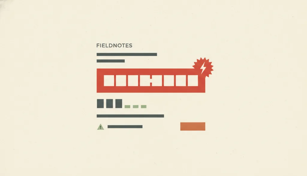 一个虚构的 FIELDNOTES 结算卡片：普通价格上方压着一块硕大的红色倒计时方块和一枚闪烁的“抓紧”徽标，角落有一枚细小的警示标记。