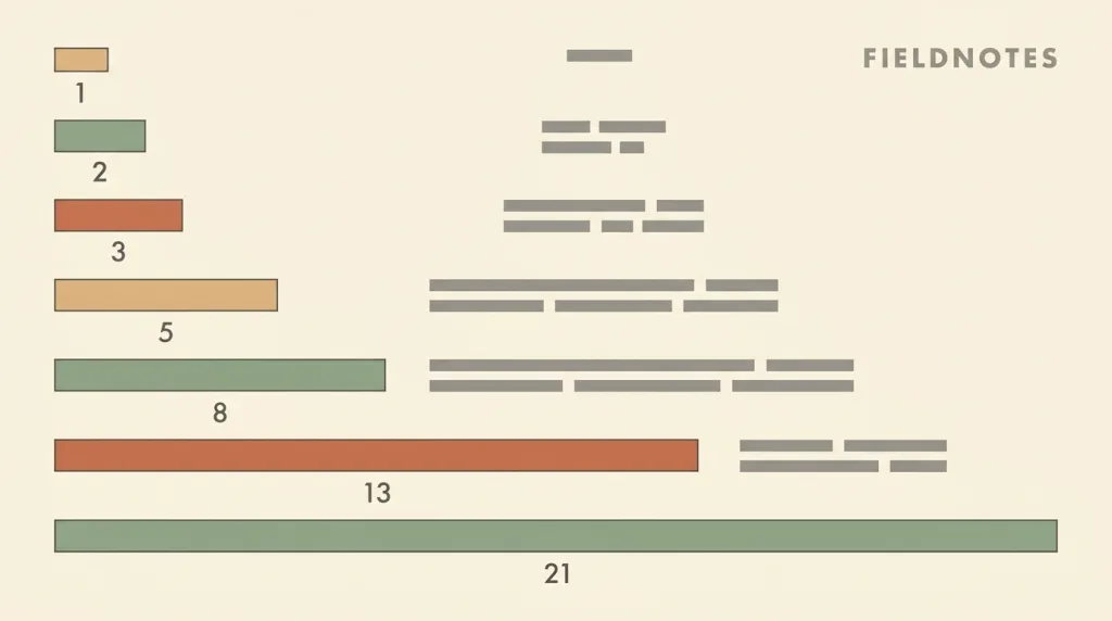 A scale sketch: a column of horizontal bars running from narrow to wide, their widths stepping through 1, 2, 3, 5, 8, 13, and 21 with the matching number under each, and a type-size ladder on the right built from the same values.