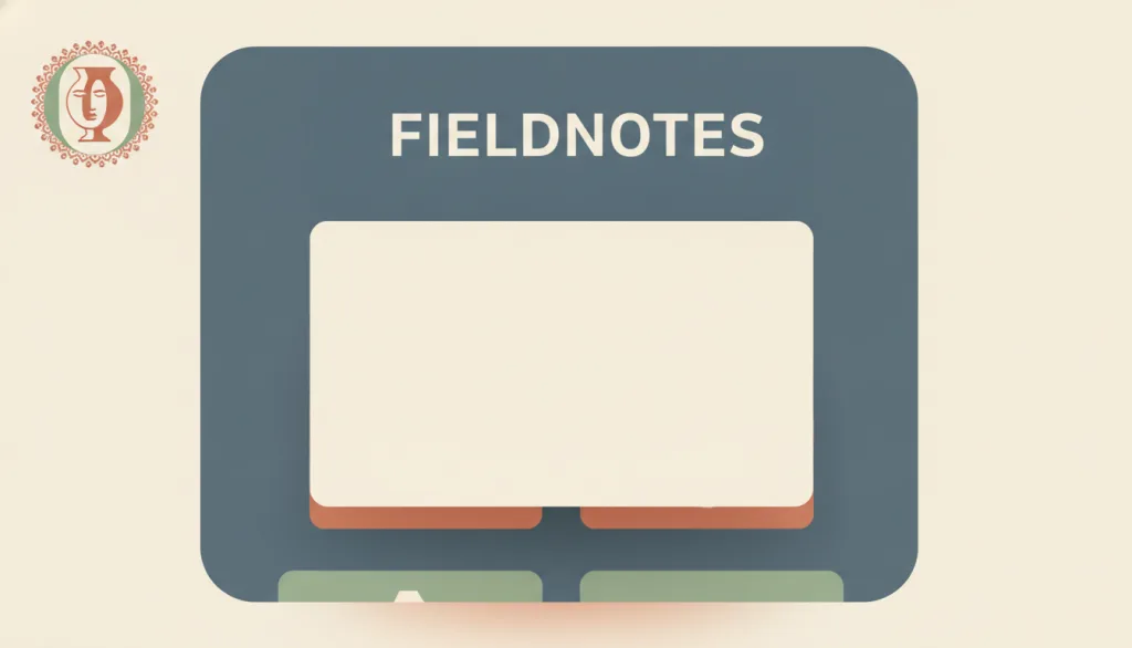 一个虚构的 FIELDNOTES 界面，一张卡片在略微调暗的背景上明显抬升，边缘清晰，角落的装饰纹样中隐约可见经典的花瓶/人脸剪影，配色为暖色调的奶油、赤陶与鼠尾草绿。