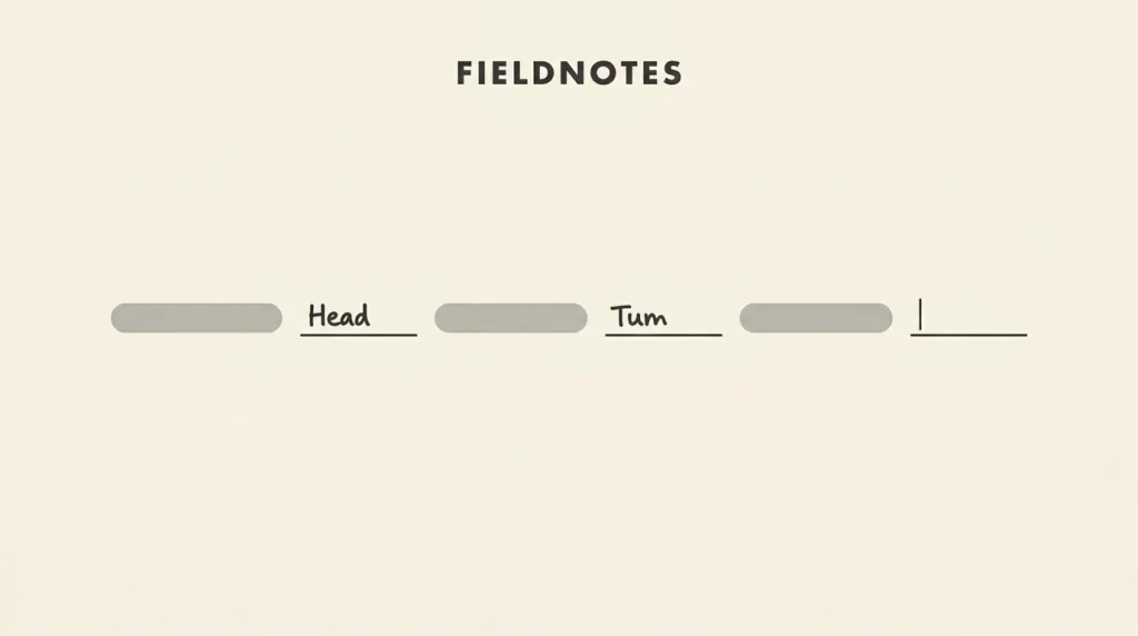 A fictional FIELDNOTES form sketch: one line alternating grey word runs with three underlined input blanks, two already holding short dark text and the third empty with a caret.