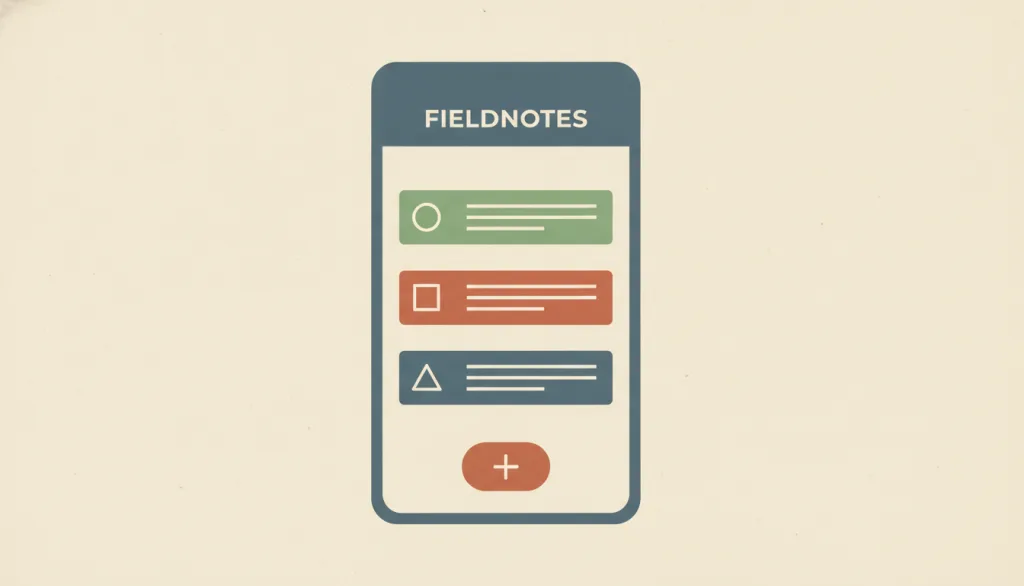 一个名为 FIELDNOTES 的虚构应用界面，由纯色块、几何图标和一个扁平按钮构成，没有渐变或阴影，示意扁平化设计。