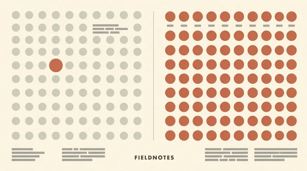 A sketch: in a regular field of pale grey dots one dot is larger, terracotta, and slightly off the grid so that it is seen at once; to the right the same field has every dot enlarged and coloured terracotta, and none of them stands out.