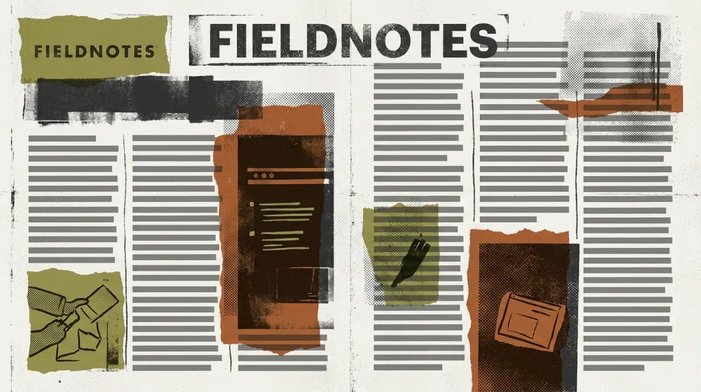 A fictional FIELDNOTES magazine spread with torn paper edges, photocopy halftone, and ink stains, where olive, rust, and charcoal blocks overprint rows of grey placeholder text bars, illustrating the grunge style.
