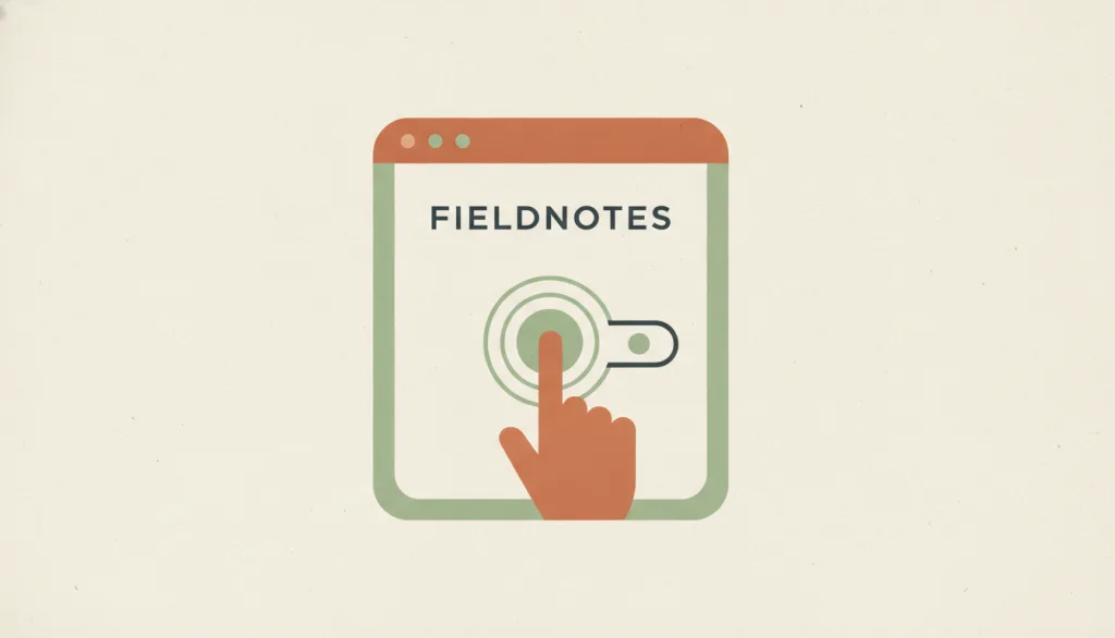 虚构的 FIELDNOTES 界面上一根手指正按压一个控件，指尖周围有若干同心涟漪状弧线向外扩散，旁边并列一枚小的视觉确认徽标，整体为暖色调编辑插画。