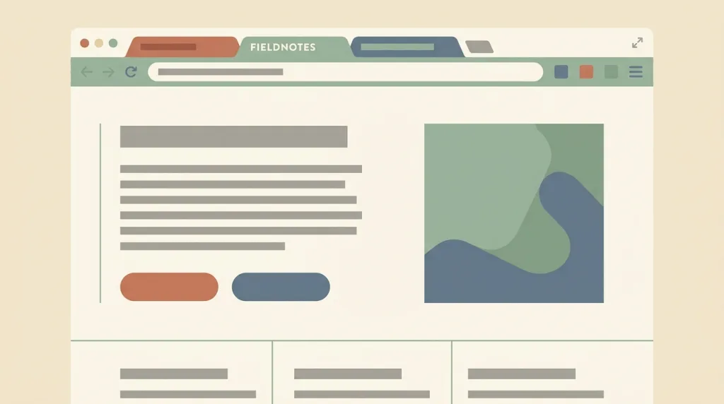 A fictional FIELDNOTES web page sketch: a tall opening block at the top with grey placeholder headline and explanation bars plus two buttons on the left and an image area on the right, and the top edge of the next section showing beneath it.