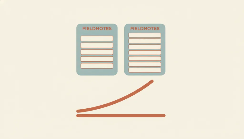 一张虚构的 FIELDNOTES 界面对比图，左侧是一份含少数选项的短列表，右侧是一份选项繁多的长列表，两者之间有一条先上升后趋于平缓、而非持续陡峭攀升的曲线，暗示决策时间随选项增加呈对数而非线性增长。