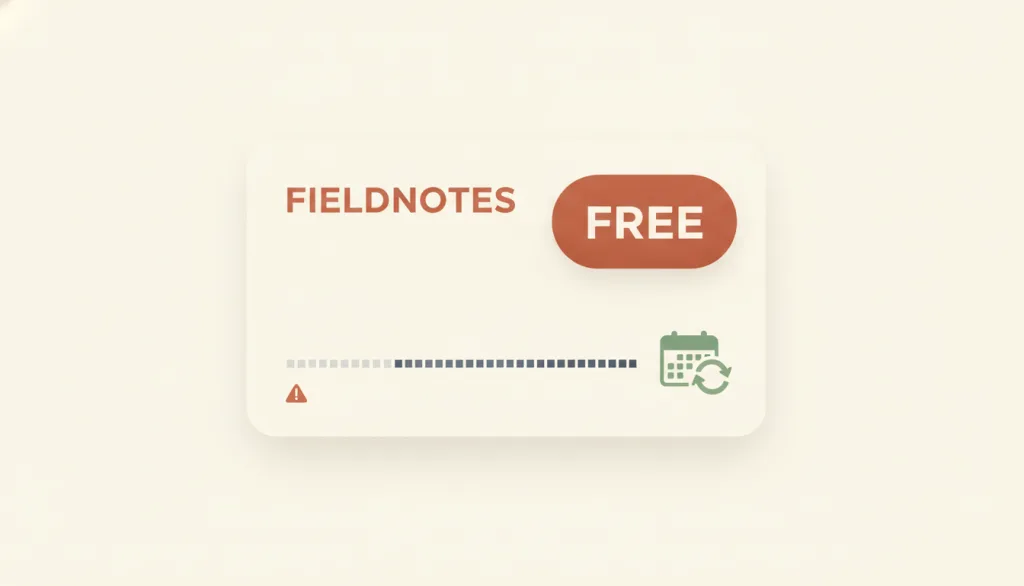 一个虚构的 FIELDNOTES 结算卡片：一枚硕大的“免费”徽标下方压着一行灰色小字标注的周期扣费信息，旁边有一枚带循环箭头的日历图标和一枚细小的警示标记。
