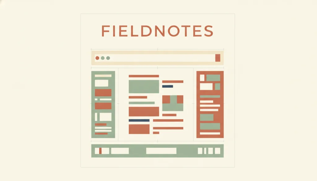 一个虚构的 FIELDNOTES 页面示意图：顶部是贯穿全宽的页头条，中段是三栏——左侧窄的导航列、中间宽阔的内容列与右侧窄的边栏列，底部是贯穿全宽的页脚条；内容以抽象色块表示。