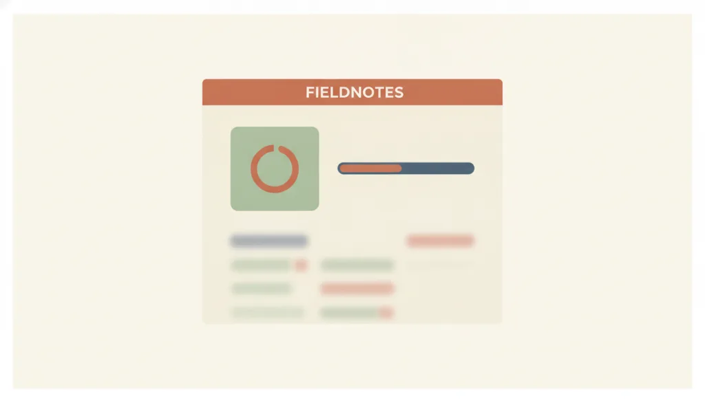 虚构的 FIELDNOTES 面板上，一个圆形旋转图标和一条循环滚动的不确定进度条并排出现，看不到任何百分比数字，下方内容区域整体变暗以示等待。
