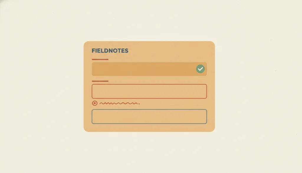 虚构的 FIELDNOTES 表单竖排三个输入框：第一个带小对勾表示通过，第二个红色描边、下方有一条短错误提示条，第三个保持中性未校验。
