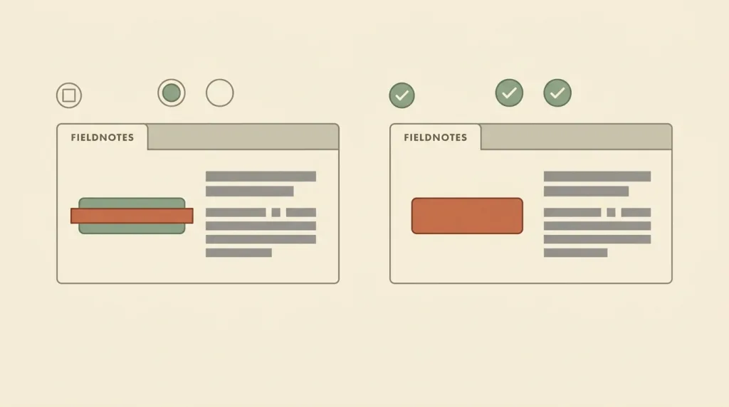 A side-by-side sketch: on the left a fictional panel whose green action button is pinned under a terracotta bar, grey placeholder text bars to its right, and a row of condition indicators above it with some filled and some still empty; on the right the same panel with every indicator ticked, the bar gone, and the button live in terracotta.