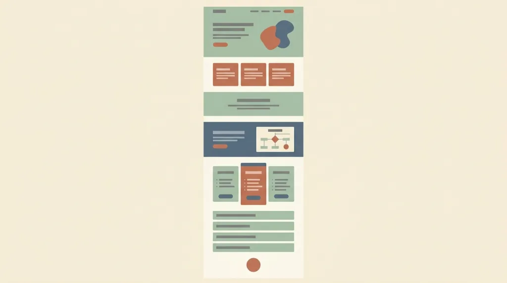 A thumbnail sketch of a fictional long page: a hero block, three side-by-side proof cards, two full-width feature bands, three pricing plan cards with the middle one emphasised, and four rows of frequently asked questions from top to bottom, with the same round primary button repeated every few sections and every piece of text drawn as a grey placeholder bar.