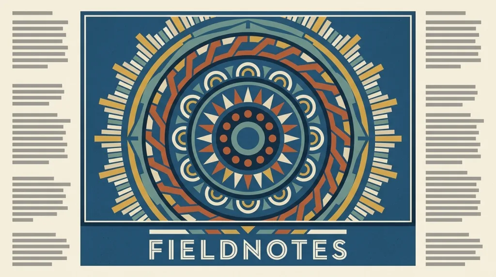 A fictional FIELDNOTES poster with an invented radial-symmetric geometric pattern at its centre: concentric rings nested layer by layer, each repeating one motif a fixed number of times, with cream margins around it holding grey placeholder text bars.