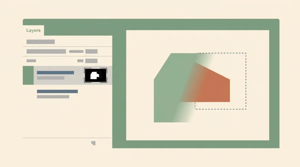 A fictional FIELDNOTES editor sketch: a layers panel on the left listing one layer beside its black-and-white mask thumbnail, and on the right a canvas where part of the same shape is hidden by a soft gradient, the hidden outline drawn as a dashed line to show it still exists.