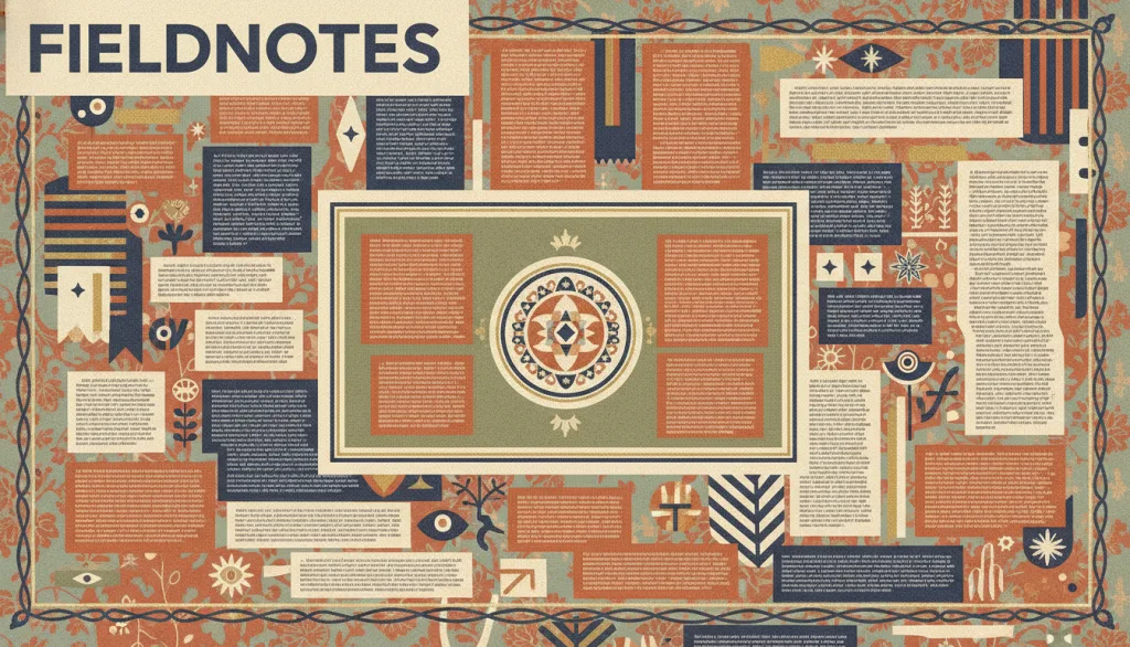 一份名为 FIELDNOTES 的虚构田野笔记页面，叠满多层图案、多种字号与色块、装饰性边框和许多小元素，但中央有一张清晰可读的焦点卡片，整体为暖色调并点缀多个强调色，示意极繁视觉风格。