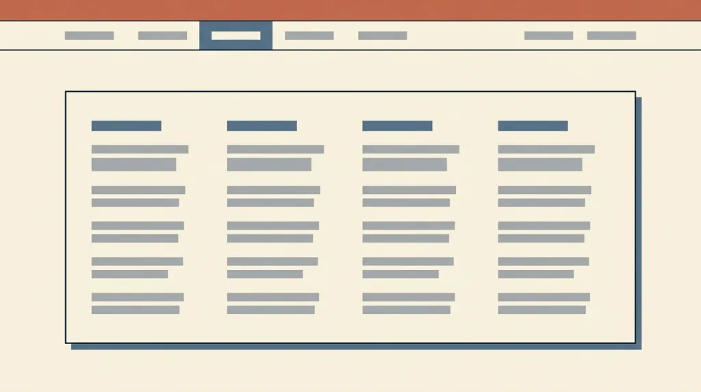 A fictional FIELDNOTES web page sketch: one item in the top navigation bar is active and a rectangular panel spanning most of the page width is open below it, divided into four columns, each with a small heading bar and several link placeholder bars.