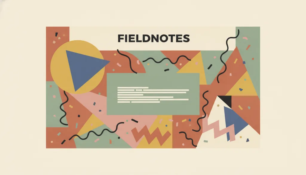 一个名为 FIELDNOTES 的虚构卡片界面，布满撞色色块、涂鸦曲线和彩色拼贴斑点，几何形状刻意倾斜排布，中央留出一块安静区域放置文字条。