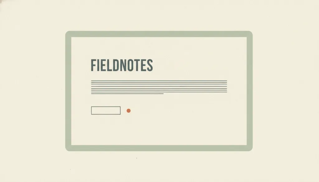 一个名为 FIELDNOTES 的虚构页面，大面积米白留白中只有一个小标题、一行文字条和一个细描边按钮，仅用两种颜色，示意极简视觉风格。
