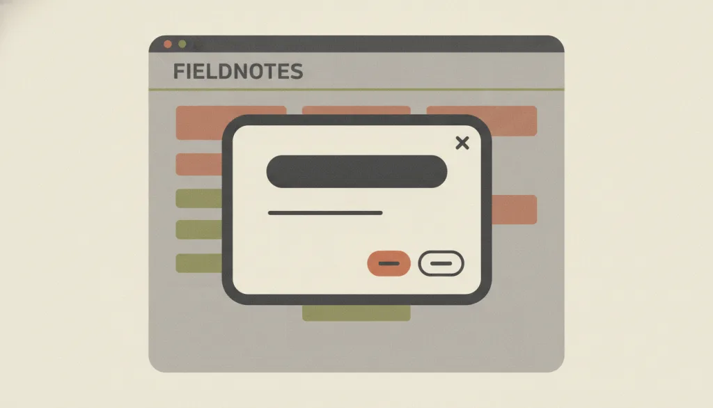 虚构的 FIELDNOTES 应用界面被遮罩压暗，中央是一张带标题、一行正文、主次两个按钮和关闭控件的对话框卡片。