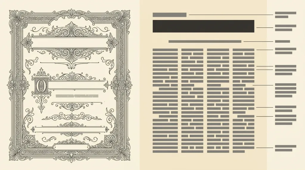A sketch: on the left a fictional layout covered in ornate decorative borders; on the right the same layout reduced to geometric blocks, a sans-serif heading bar, and a regular grid, with a thin line from each surviving element to a grey placeholder note on the right.