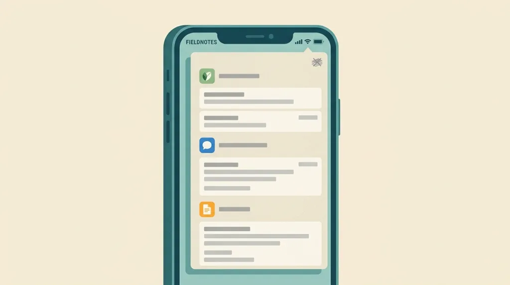 A fictional phone sketch: a panel pulled down from the top of the screen holding notifications in three source groups, each with a small icon heading and two or three grey placeholder notification cards, and a clear-all control at the panel’s top right.