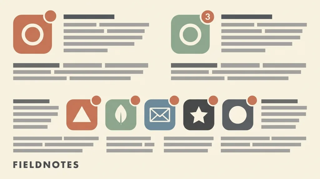 A side-by-side sketch: on the left a fictional rounded app tile with a small numberless dot at its top right; on the right a tile of the same shape carrying a numeric badge instead; and along the bottom a row of five tiles with different abstract glyphs, all wearing dots, showing that too many of them convey nothing.